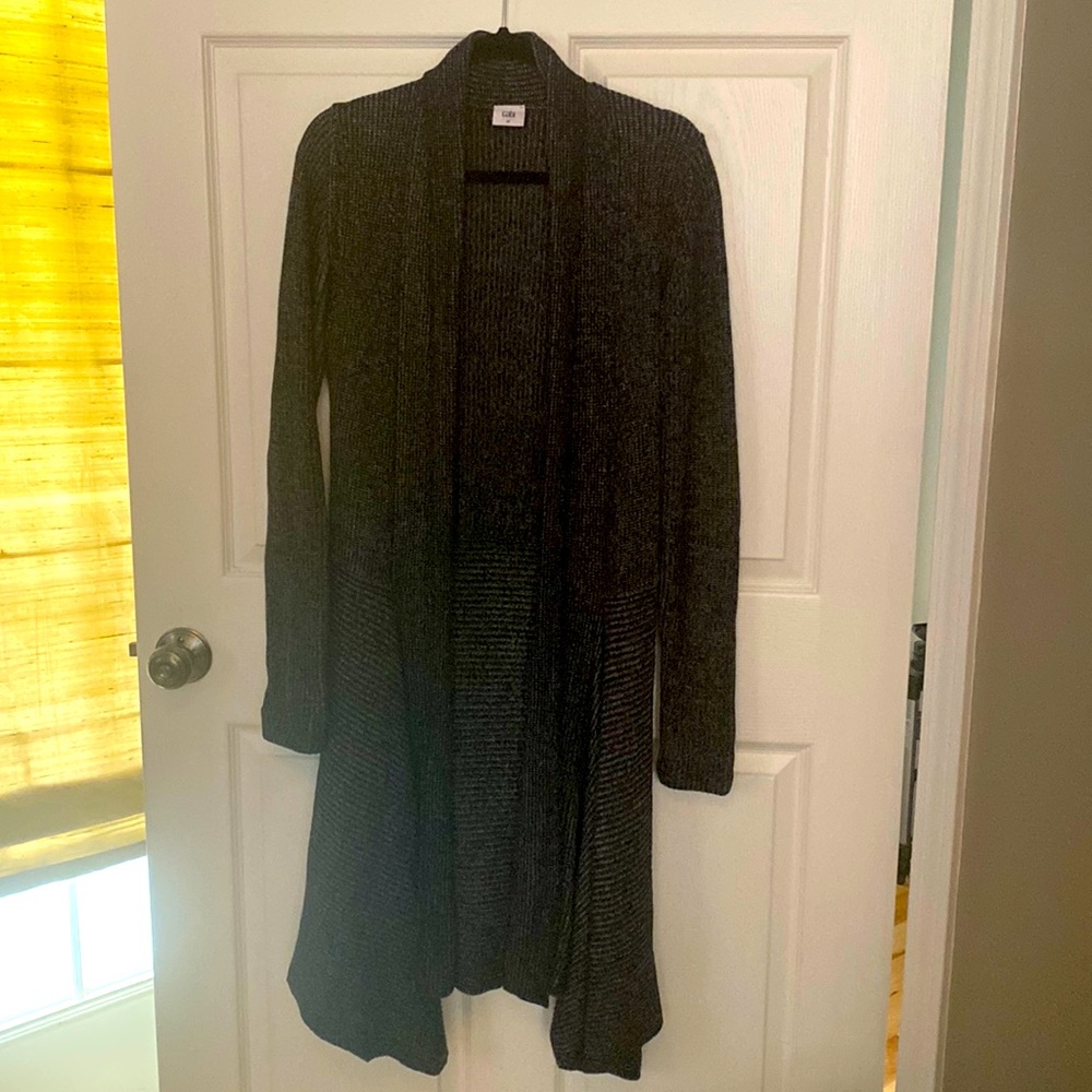 Cabi style 3530. Long Cloke cardigan in marled grey.